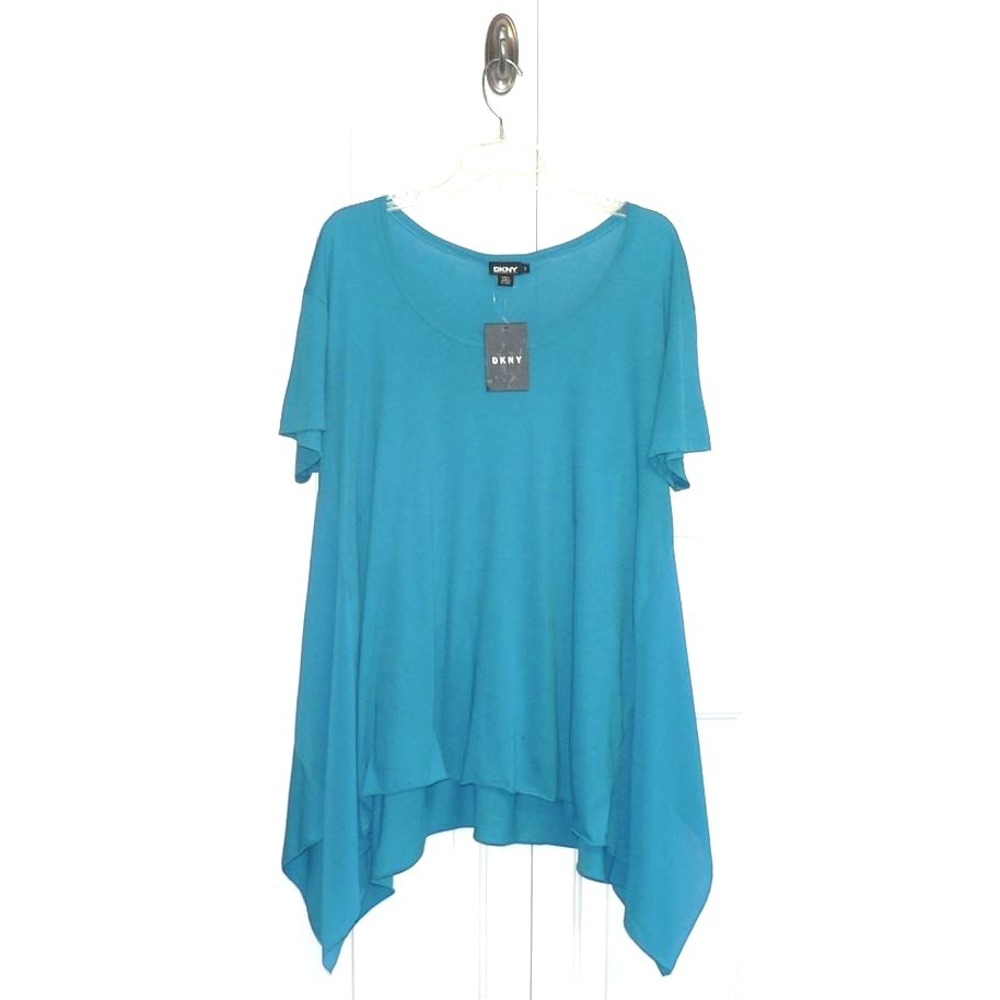 DKNY Women's Short Sleeve Inset Handkerchief Hem Oversized Tunic Turquoise Small